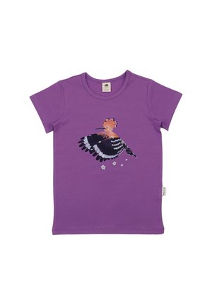 Purple short-sleeve shirt with a detailed illustration of a bird with spread wings and small white flowers near its tail.