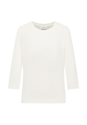 Haut à manches longues blanc en coton doux. Il présente un col rond et une coupe ajustée sans motifs ni accents visibles.