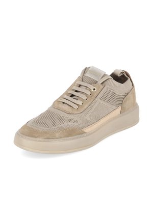 Beige casual sneaker met mesh en suède bovenwerk, vetersluiting, gevoerde kraag en dikke rubberen zool, gezien vanuit de voorkant schuin.