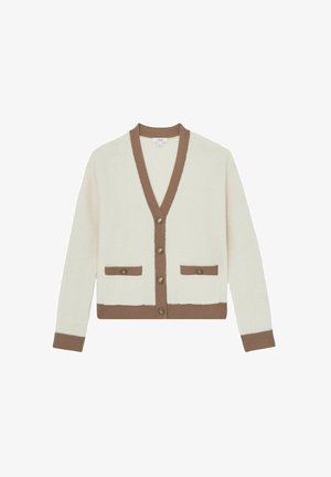 Krémový cardigan s výstřihem do V, hnědými lemy a dvěma kapsami. Obsahuje pět knoflíků a žebrované manžety a lem. Měkká textura, volnočasový design.