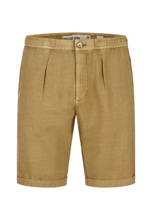 Pantaloncini beige su misura con pieghe frontali, chiusura con bottone e cerniera, orli risvoltati e sezioni di vita elastiche.