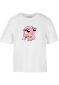Weißes Baumwoll-T-Shirt mit einem Cartoon-Charakter mit pinken Haaren, großen Augen und Kaugummi, der auf der Vorderseite zentriert ist. Kurze Ärmel und Rundhals. 