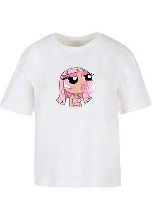 T-shirt bianca in cotone con un personaggio dei cartoni animati dai capelli rosa, grandi occhi e una gomma da masticare, centrato sulla parte anteriore. Maniche corte e colletto tondo.