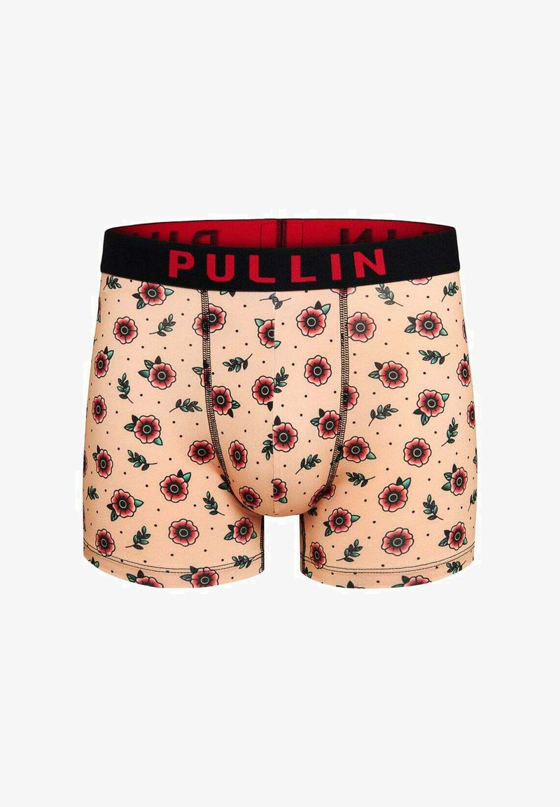 Boxer beige avec motif floral rouge et noir et ceinture noire arborant le texte rouge "PULLIN."