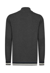 Suéter de punto gris oscuro con un patrón texturizado, cuello alto y puños a rayas en navy, crema y gris. Se muestra la vista trasera.