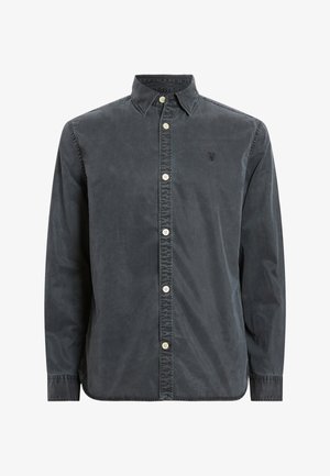 Dunkelgraues Button-up-Hemd aus glattem Baumwollstoff, mit spitzem Kragen, weißen Knöpfen und einem kleinen gestickten Logo auf der Brust.