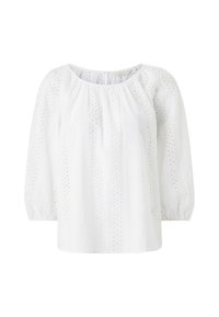 White blouse with textured fabric, featuring delicate lace-like cutouts and gathered sleeves. Rounded neckline with a back closure detail.