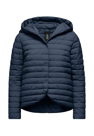 Giacca puffy blu navy con cappuccio, caratterizzata da una texture trapuntata e chiusura con bottoni, progettata per calore e comfort.