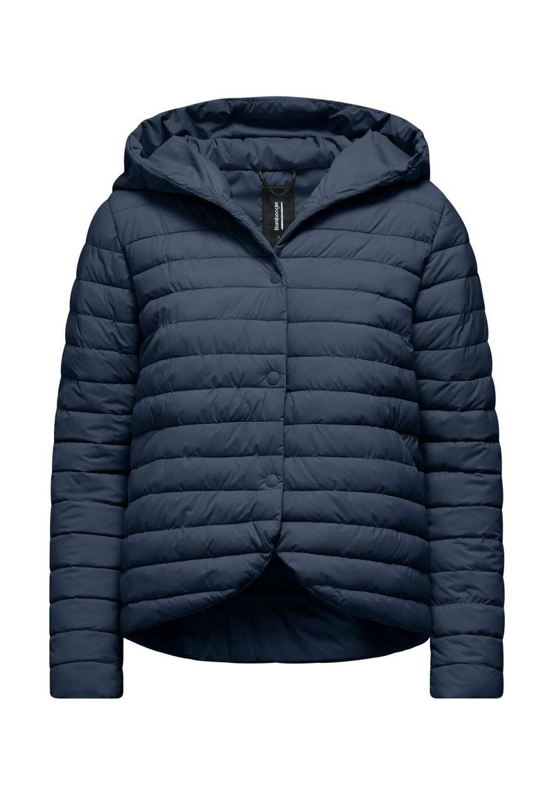 Giacca puffy blu navy con cappuccio, caratterizzata da una texture trapuntata e chiusura con bottoni, progettata per calore e comfort.