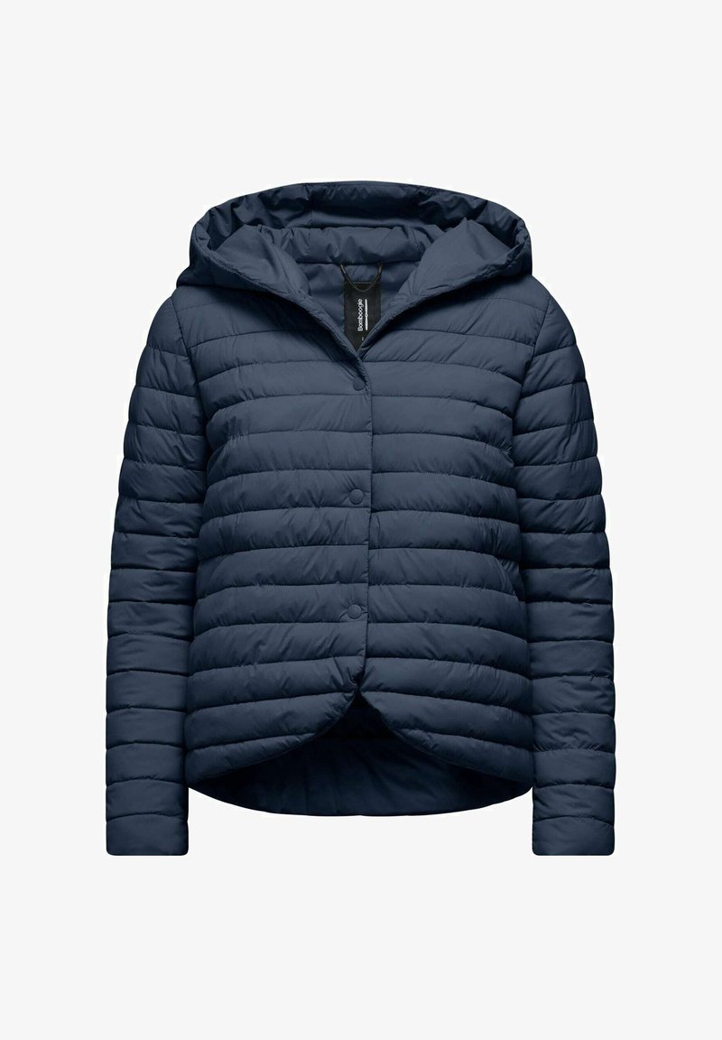 Giacca puffy blu navy con cappuccio, caratterizzata da una texture trapuntata e chiusura con bottoni, progettata per calore e comfort.