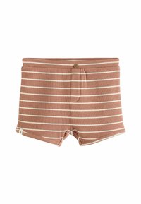 Randiga shorts i mjukt, texturerat tyg; rosa bas med vita horisontella ränder; elastisk midja; liten stjärndetalj vid fållen.