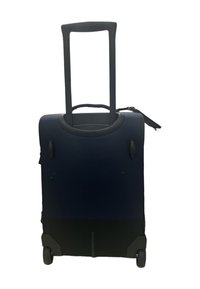 Valigia rigida blu navy con manico nero retrattile, manico superiore per il trasporto e due ruote nella parte inferiore, caratterizzata da un design minimalista.