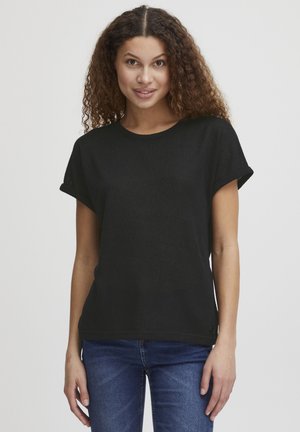 Black short-sleeve t-shirt in a soft fabric with a relaxed fit, featuring rolled sleeves and a subtle hem accent.