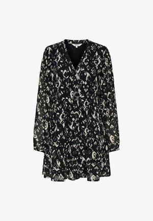 Czarna sukienka z długimi rękawami, dekoltem w serek i rozkloszowanym dołem. Ozdobiona abstrakcyjnym białym wzorem na całej powierzchni. Wykonana z lekkiego, przezroczystego materiału.