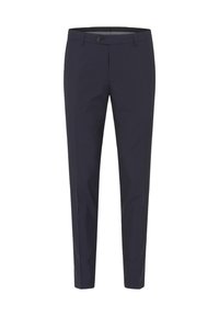 Marineblaue Maßhose aus leichtem Stoff mit glatter Textur, ausgestattet mit einem einzelnen Knopfverschluss und einer vorderen Bügelfalte für einen eleganten Look.