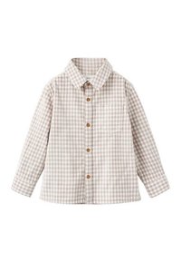 Ruskea ja kerma ruudullinen pitkähiha shirt, joka on valmistettu puuvillasta, sisältäen napitettavan etuosan, kauluksen ja yhden rintataskun.