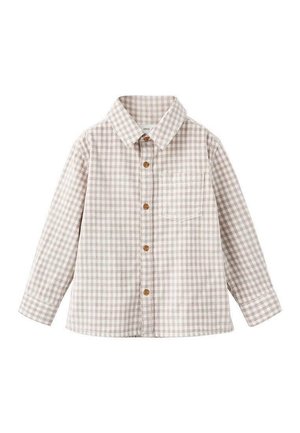 Chemise à manches longues en coton à carreaux bruns et crème, avec une fermeture à boutons sur le devant, un col et une poche poitrine unique.