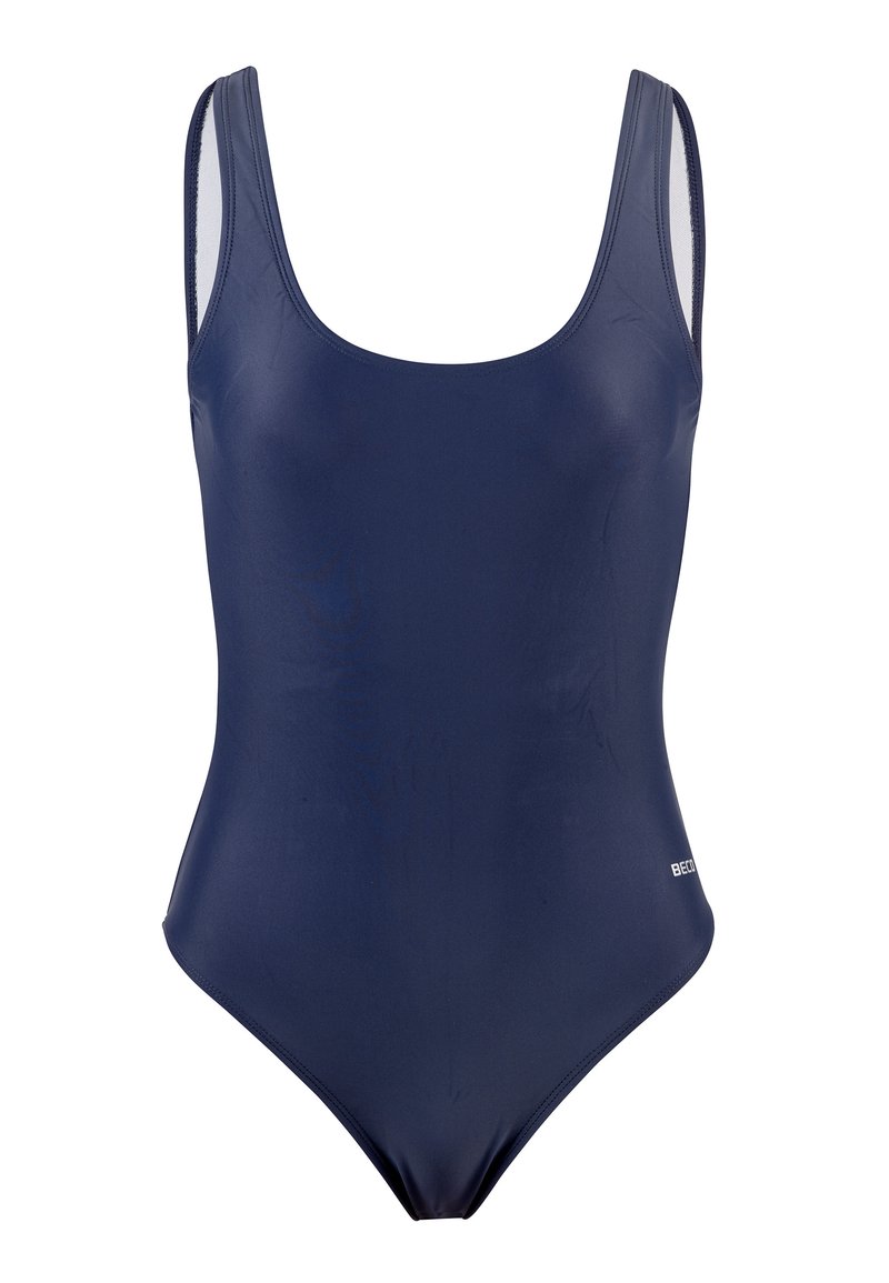 Maillot de bain une pièce bleu marine en matériau lisse et extensible. Doté de larges bretelles et d'une coupure de jambe modeste, sans motifs ni accents.