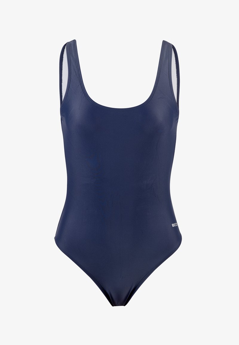 Maillot de bain une pièce bleu marine en matériau lisse et extensible. Doté de larges bretelles et d'une coupure de jambe modeste, sans motifs ni accents.