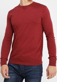 Czerwony sweter z długim rękawem wykonany z miękkiej tkaniny, z okrągłym dekoltem, ściągaczami na mankietach i dolnym brzegu. Z przodu ma małe logo.