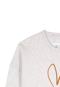 Sweatshirt gris clair, en mélange de coton, col rond, coupe ample, avec un simple motif graphique marron sur le devant. Texture douce.