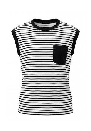 Zwart-wit horizontaal gestreept mouwloos shirt met zwarte bies aan mouwen en kraag, met een effen zwart borstzakje.