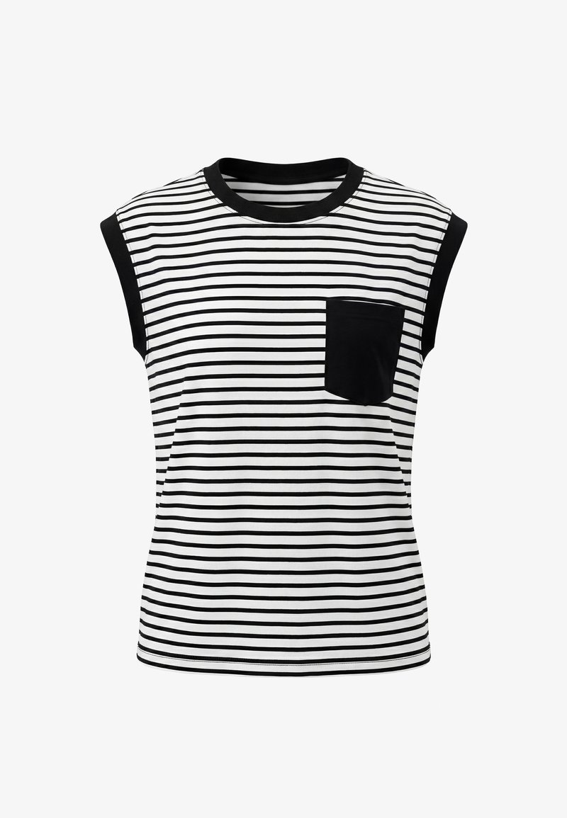 Chemise sans manches à rayures horizontales noires et blanches avec bordure noire aux manches et au col, avec une poche poitrine noire unie.