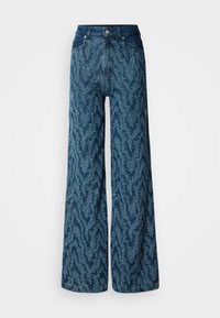 Παντελόνι τζιν με φαρδιά γραμμή και ψηλή μέση από σκούρο μπλε denim, με φωτεινό μπλε αφαιρετικό στίγμα, κουμπί μπροστά και τσέπες.