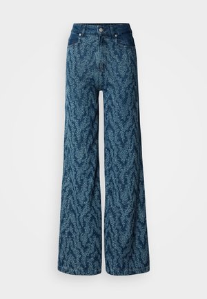 Blugi cu picioare largi și talie înaltă din denim albastru închis, cu un model abstract cu pete albastre deschise, nasture frontal și buzunare.