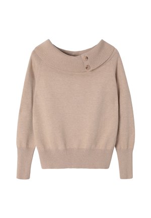 Béžový pletený sveter so širokým ribovaným golierom, ktorý má dva gombíkové detaily na ľavej strane. Priliehavý v páse a mierne zbalené rukávy.