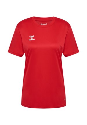 Rood kortärmelig shirt gemaakt van gladde stof. Heeft een ronde halslijn en een wit Hummel-logo op het linkerborstgebied.