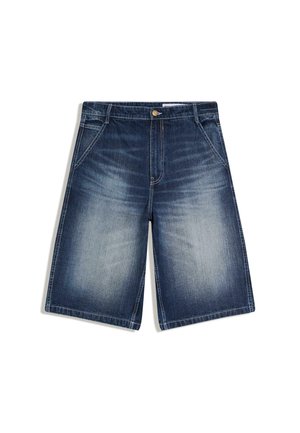 Granatowe dżinsowe szorty z wyblakłymi miejscami na przednich partiach ud, przednimi kieszeniami, szlufkami na pasek i zapięciem na guzik.