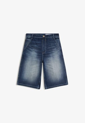 Granatowe dżinsowe szorty z wyblakłymi miejscami na przednich partiach ud, przednimi kieszeniami, szlufkami na pasek i zapięciem na guzik.