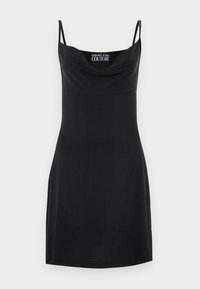 Rochie neagră cu bretele subțiri, ajustabile, decolteu tip cowl și o siluetă ajustată. Textură netedă; fără modele sau elemente metalice vizibile.