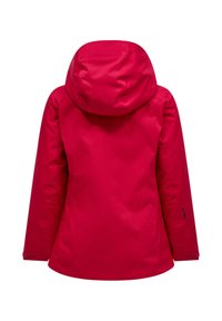 Rode waterdichte jas met capuchon, lange mouwen en verstelbare cuffs, gezien vanaf de achterkant op een witte achtergrond.