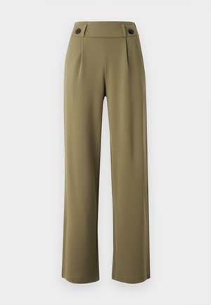 Olive green, wide-leg trousers with a high waist, featuring two black buttons on the waistband and front pleats. Smooth fabric texture.