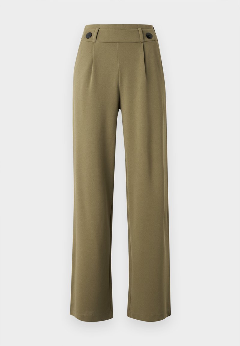 Olijfgroene, wijde broek met hoge taille, voorzien van twee zwarte knopen op de tailleband en plooien aan de voorkant. Gladde stoftextuur.