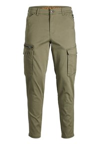 Olivgrön cargobyxor i bomullsblandning, med smalnande ben, flera sidofickor, dragkedjedetaljer och knappstängning.