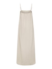 Abito lungo beige con sottili spalline a spaghetti, taglio dritto e tessuto lievemente strutturato, adatto per un uso casual o estivo.