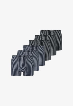 Stribede boxershorts sæt med marineblå og sorte farver med lodrette striber; elastisk taljebånd; i alt syv par.
