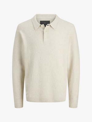 Long-sleeve beige knit polo sweater with three buttons and ribbed cuffs and hem, displayed on a white background.