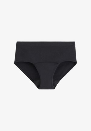 Schwarze, hoch taillierte Unterwäsche aus Baumwolle mit glatter Textur und elastischem Bund, mit minimalen Nähten und nahtlosem Design.