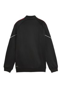 Sudadera negra con cuello alto, mangas raglán y detalles de ribete en blanco. Hecha de una tela suave, presenta un logotipo cerca del dobladillo.