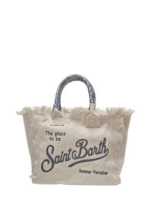 Borsa tote in tessuto beige con bordi sfrangiati, testo stampato "The place to be Saint Barth Summer Paradise," e manici blu e bianchi decorati.