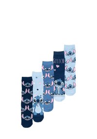 Cinque paia di calzini con Stitch. I colori includono blu navy, azzurro e azzurro pastello, con motivi di Stitch e pois.