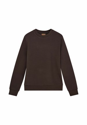 Hanorac de culoare maro închis, fabricat dintr-un material moale, având gât rotund, mâneci lungi și manșete și tiv cu model în relief. Fără modele sau grafică.