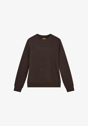 Felpa marrone scuro, realizzata in tessuto morbido, con scollatura rotonda, maniche lunghe e polsini e orlo a costine. Senza fantasie né grafiche.