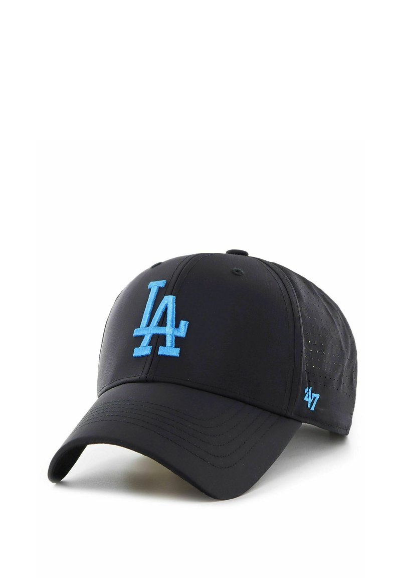 Schwarze Baseballmütze aus glattem Stoff mit gesticktem, hellblauem "LA"-Logo und perforierten Seitenpaneelen. Geschwungener Schirm.