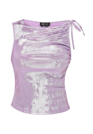 Top fără mâneci, din catifea liliachie cu strălucire argintie, cu decolteu asimetric cu șnur și detaliu cu fundă pe umărul drept.