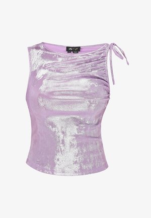 Ærmeløs lyslilla velourtop med sølvskimrende effekt, asymmetrisk rynket halsudskæring og bindedetalje på højre skulder.